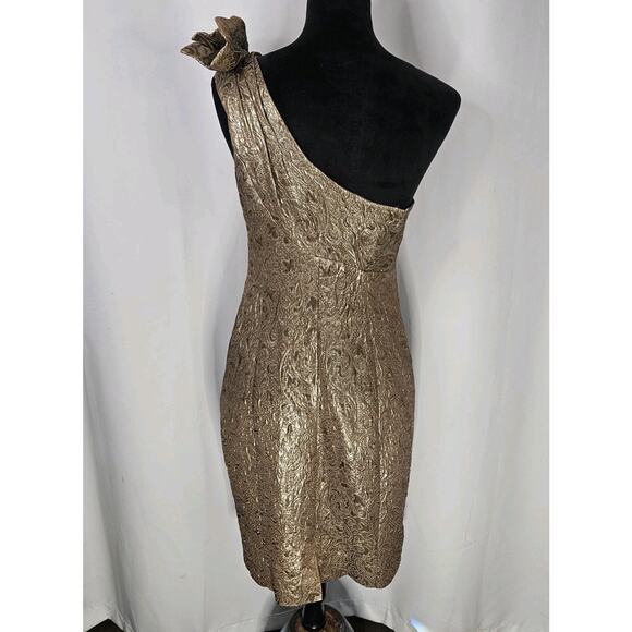 ABS Allen Schwartz Gold Mini Dress One Shoulder Gold Metallic Cocktail Sz 8 - Picture 6 of 10
